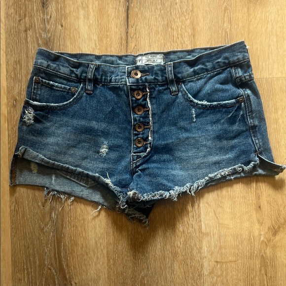 free people movement Pants - FP Movement by Free People Distressed Dark Blue Denim Button-Fly Jean Shorts